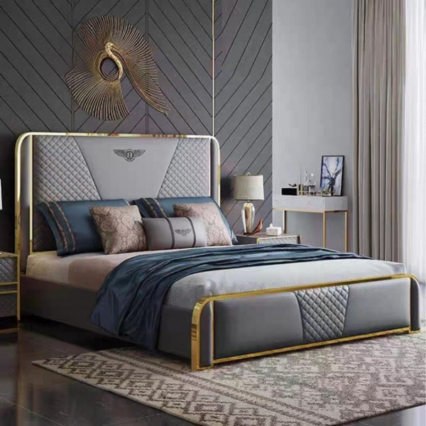 Luxe Horizon Bed – Modern Gold-Accented Quilted Bed Frame
