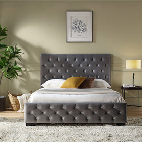Dallas Velvet Bed With Tufted Diamond Grey
