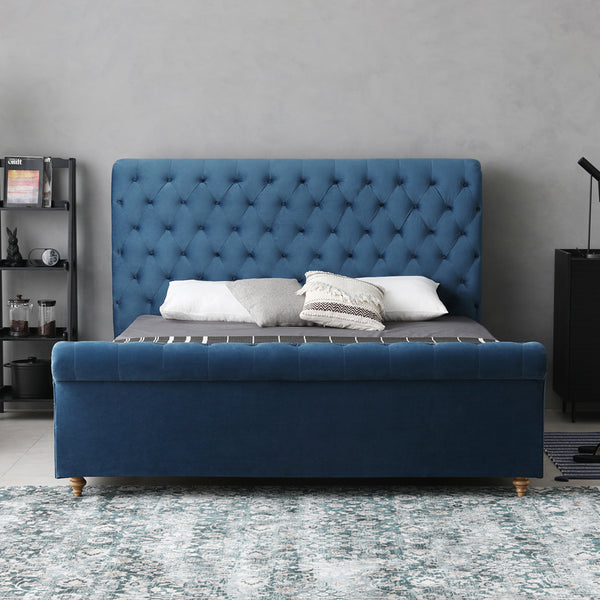 Paris Luxurious Bed Upholstered in Velvet Blue with Studded Trim